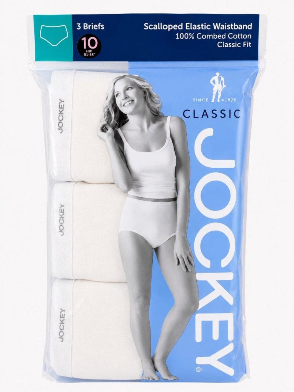 JOCKEY size 10 Scalloped Elastic Waistband Cotton Briefs 3pk White NEW